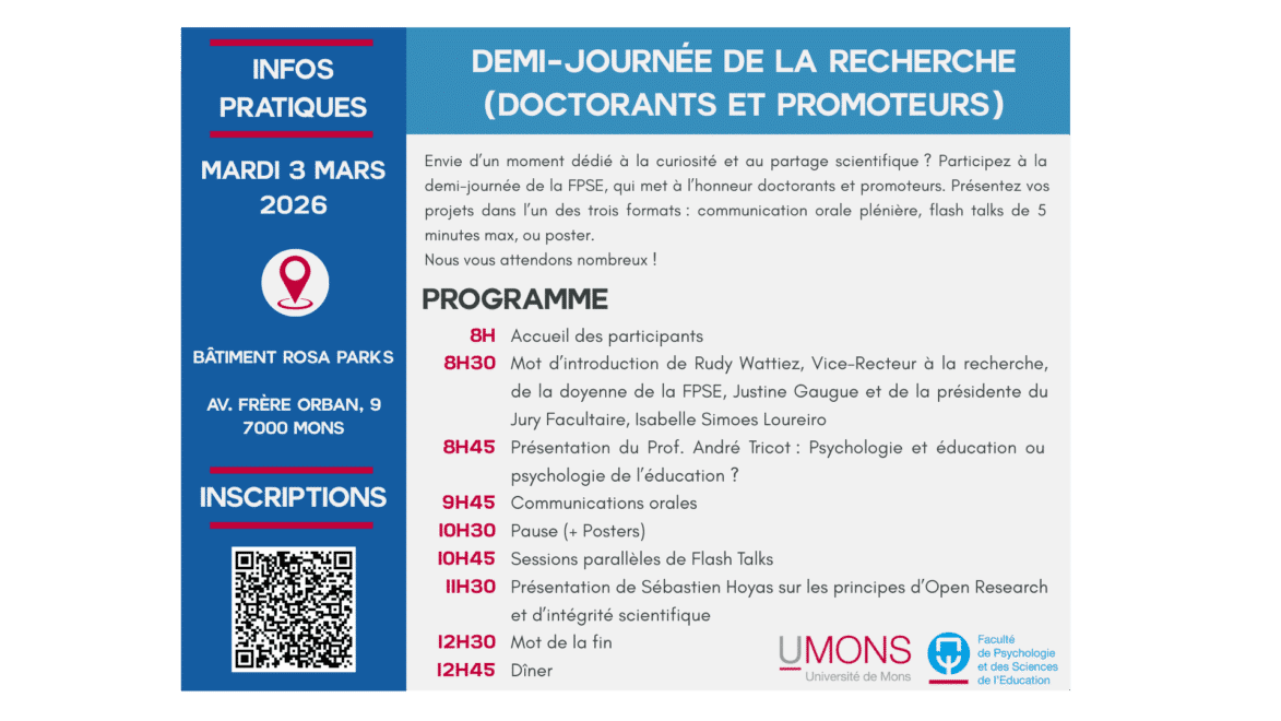 Photo illustrant l’événement suivant: Demi-journée de la Recherche (Doctorants - Promoteurs)