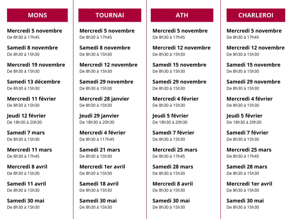 Horaires du certificat pour Mons, Tournai, Ath et Charleroi