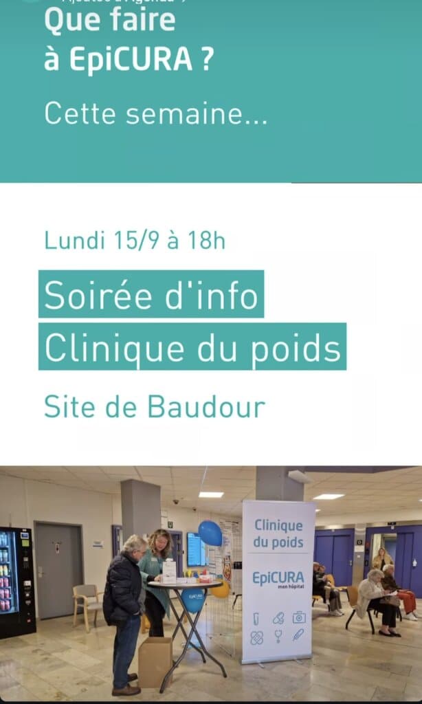 information pratique sur la soirée d'information de 18h du lundi 15 septembre 2025 sur le site de Baudour à la Clinique du poids d'Epicura