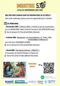 Annonce du cycle de conférences 25-26 "Industrie 5.0" avec les trois dates des événements (20 novembre 2025 : conférence-débat avec Luc ANCIAN et J. OOMS, 12 février 2026 : rétrospective "Les Temps Modernes" avec P. DEHOMBREUX et 29 avril 2026 : conférence internationale "CREAM 5.0")
